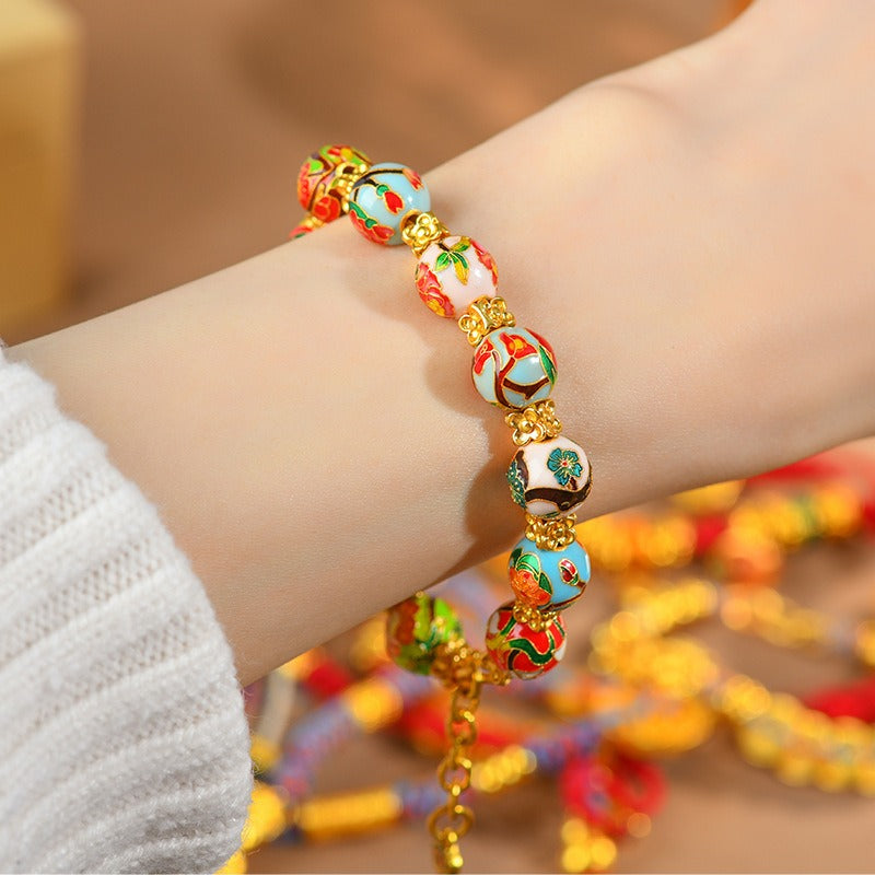 Ancient High-Temperature Firing Blue Enamel December Flower Goddess Beads Sand Gold Bracelet Cloisonné Guardian Flower Beads Rope