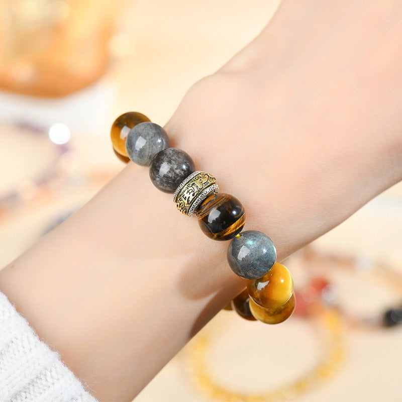 Natural Golden Tiger Eye StoneGrey Moonlight Silver Obsidian Bracelet Large Particles Round Beads Mens Bracelets