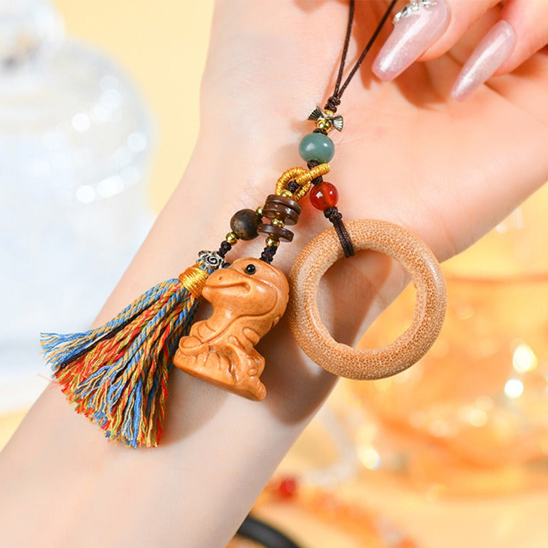 Sandalwood Chinese Zodiac snake bamboo ring cell phone pendant Tibetan tassel tassels play with stationery keychain bag hanging jewelry