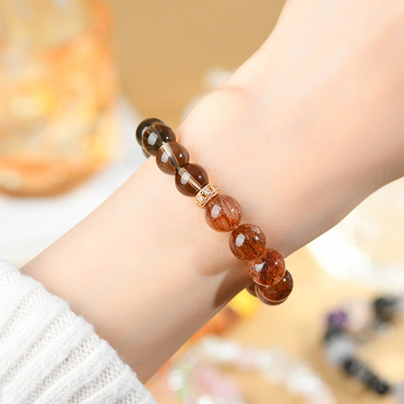 Natural Crystal Black Gold Super Tea Crystal Single Loop Bracelet Simple Classic Round Beads Strings for Men and Women