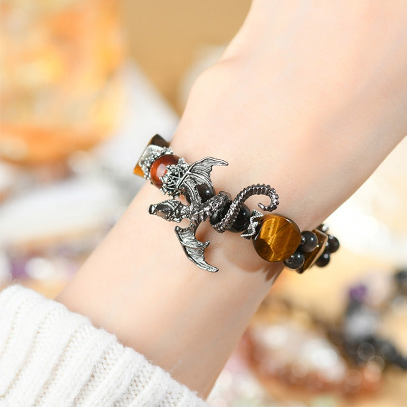 Natural Tiger EyeStone Silver Obsidian Flying Dragon Hand Row Fashion Original Men and Women Bracelet Jewelry