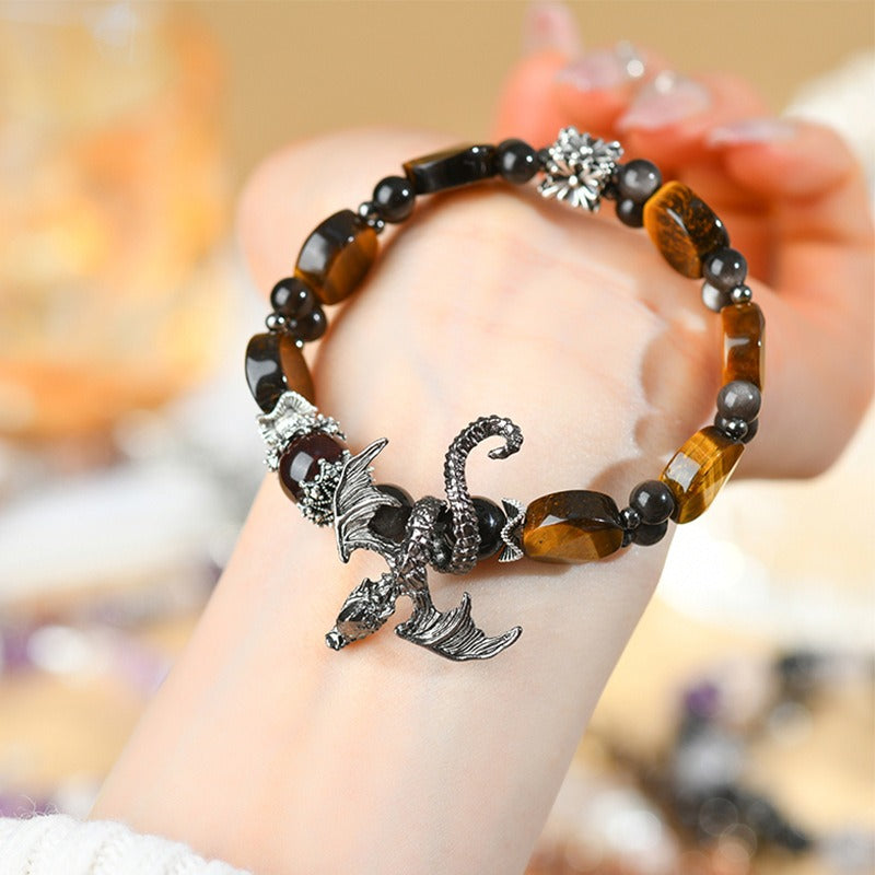 Natural Tiger EyeStone Silver Obsidian Flying Dragon Hand Row Fashion Original Men and Women Bracelet Jewelry