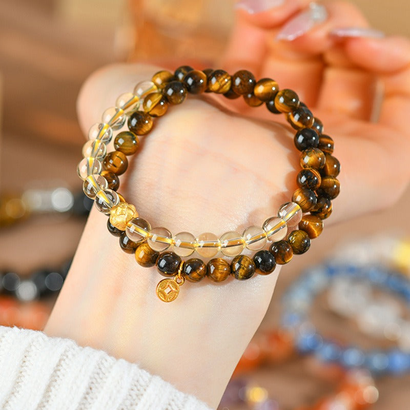 Natural Yellow Tiger Eye Stone Citrine Double Loop Bracelet Jinba Multi Loop Round Beads Ladies Strings