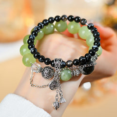 Natural Cui Jade Black Striped Agate Double Layers Bracelet Vintage Original Women's Strings