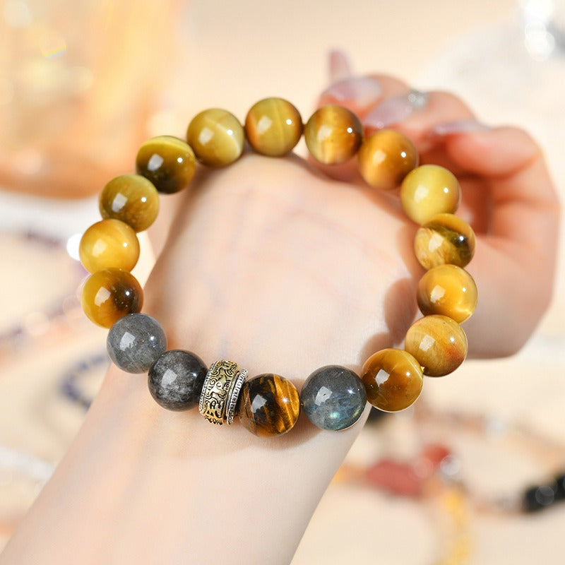 Natural Golden Tiger Eye StoneGrey Moonlight Silver Obsidian Bracelet Large Particles Round Beads Mens Bracelets