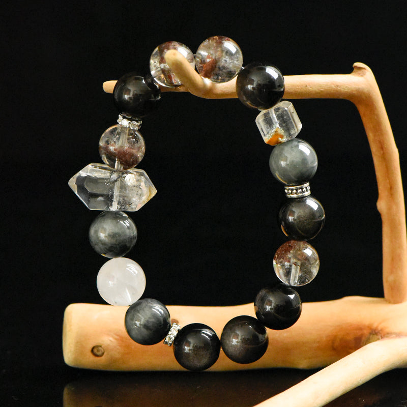 Natural Four Seasons Phantom Quartz & Black Gold Super Seven & Silver Sheen Obsidian & Hawk's Eye Bracelet
