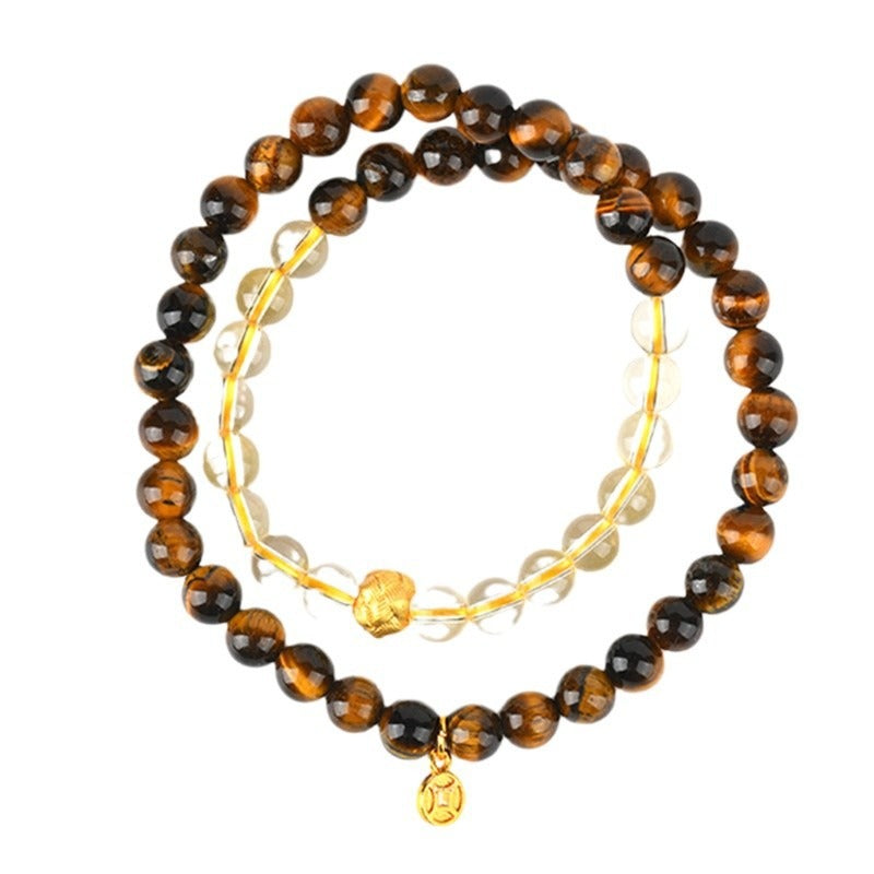 Natural Yellow Tiger Eye Stone Citrine Double Loop Bracelet Jinba Multi Loop Round Beads Ladies Strings