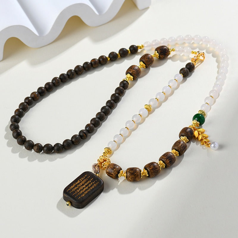 White Onyx Necklace Five Sutras Pendant Literature Disk Playing Buddhabeads