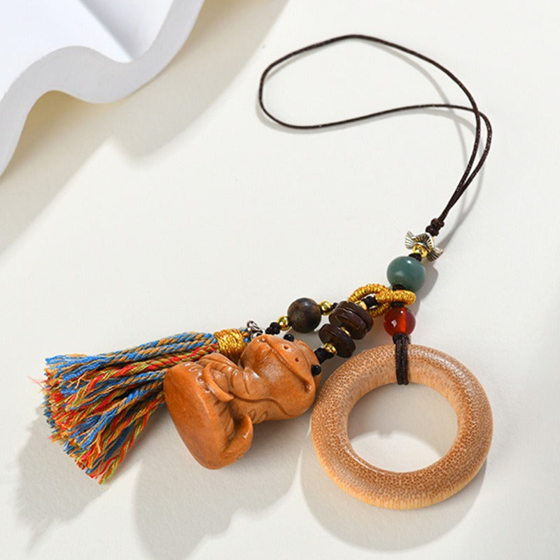 Sandalwood Chinese Zodiac snake bamboo ring cell phone pendant Tibetan tassel tassels play with stationery keychain bag hanging jewelry